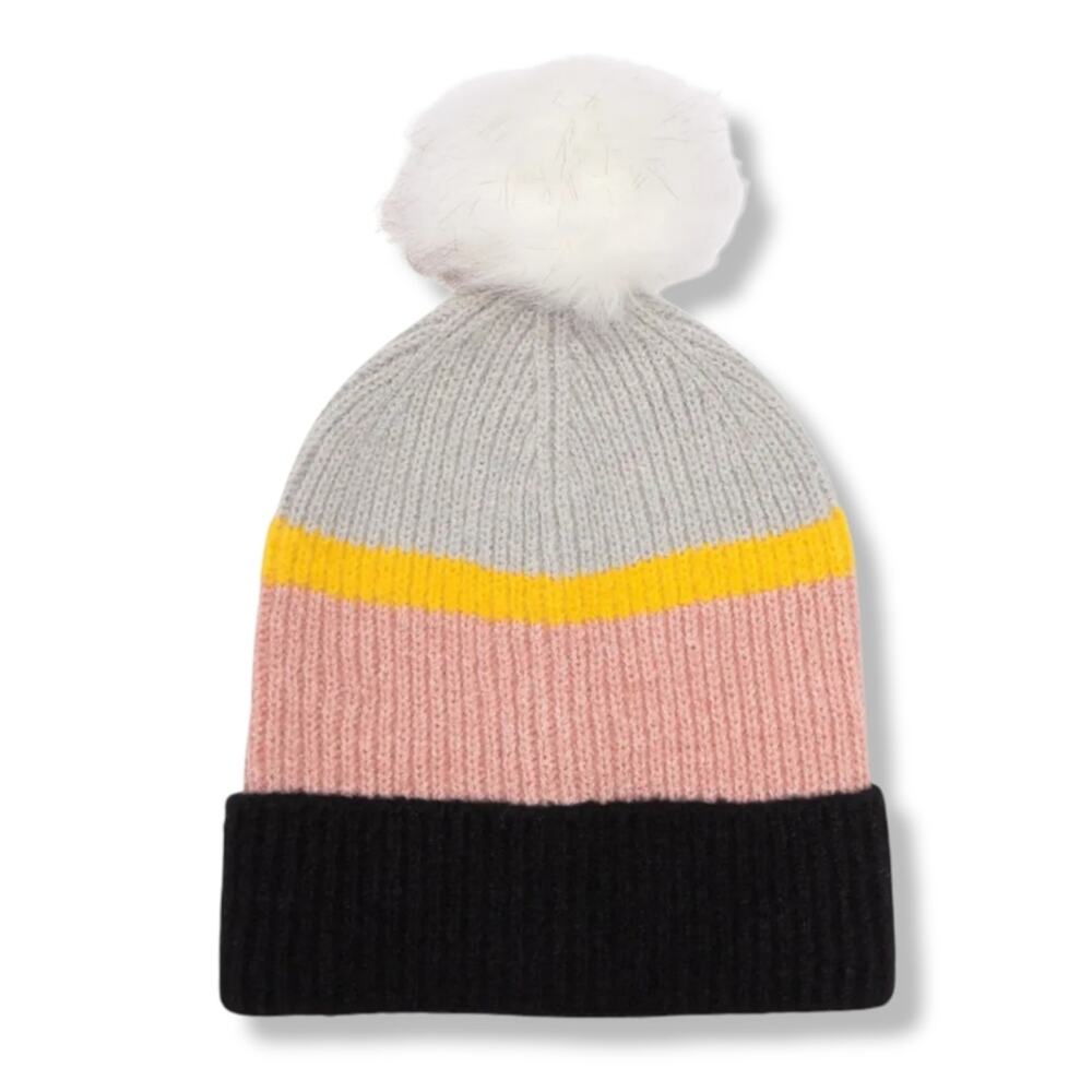 Save The Ocean Beanie New Colorblock Stripe Faux Fur Pompom Recycled Plastic
